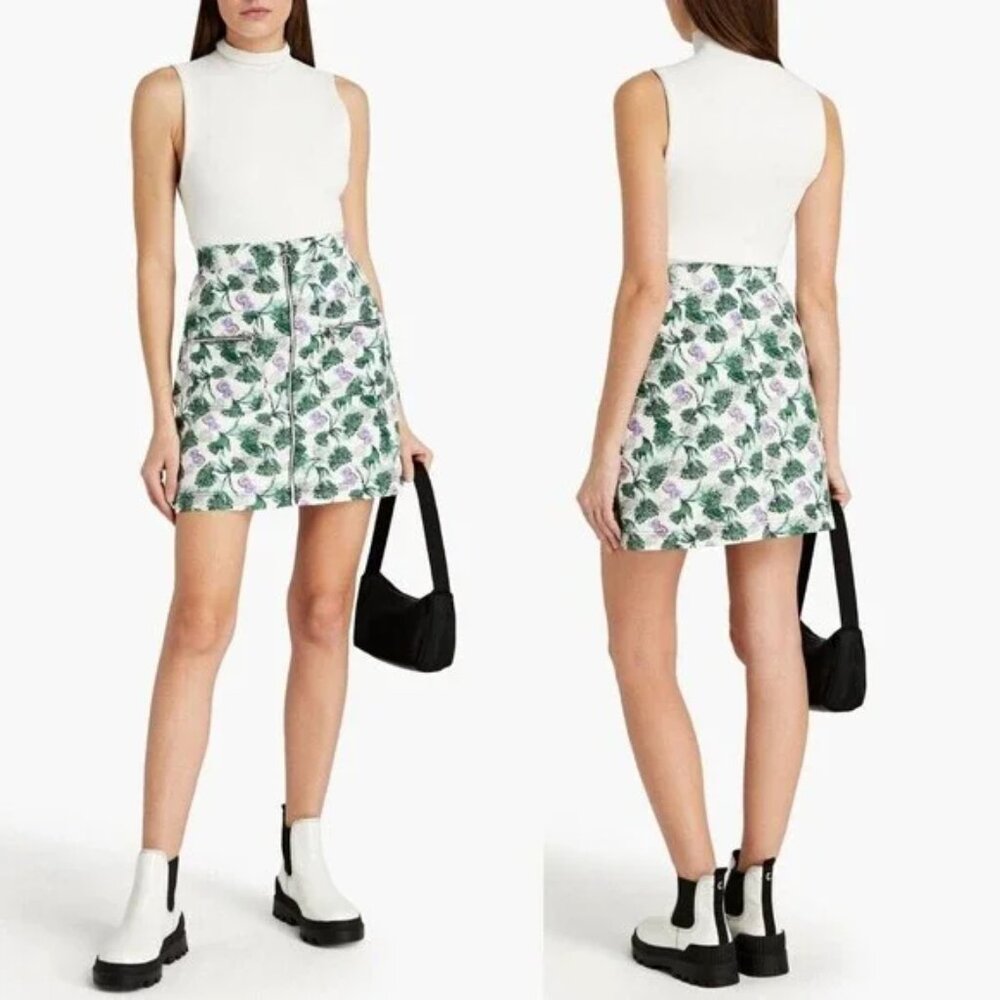 Maje | Jizer Green Purple Floral Print Linen Blend A-Line Zip Mini Skirt, Size 2